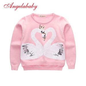 2019 autumn and winter new girls fashion sequins swan sweater children's round neck sweater pink shirt kids clothes