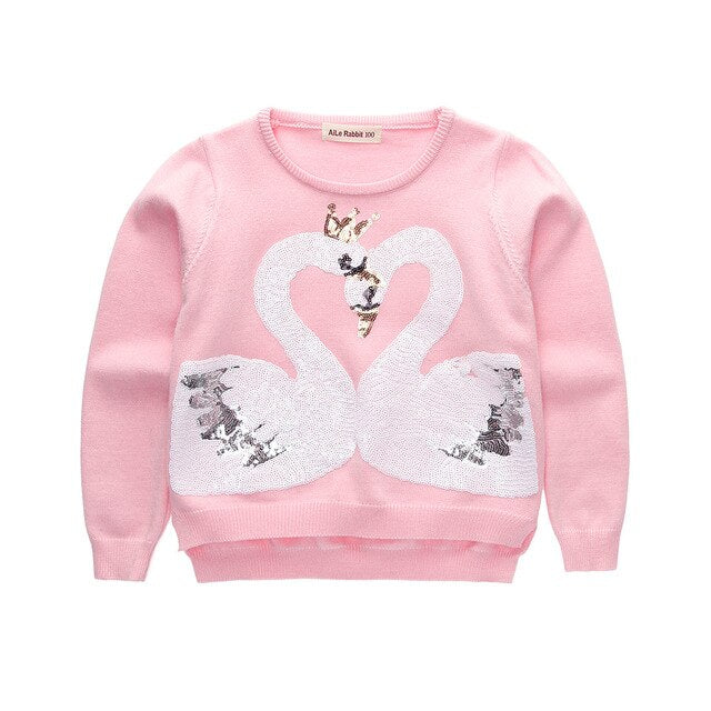 2019 autumn and winter new girls fashion sequins swan sweater children's round neck sweater pink shirt kids clothes