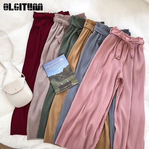 New 2019 Korean Women Wide Leg Pants Loose High Waist Solid Pants Casual Vertical Soft Pleated Pant Trousers Femme